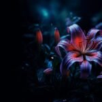 Close-up of a vibrant purple lily with raindrops on its petals in a dark, moody garden backdrop, spotlighting the flower's curves and color.