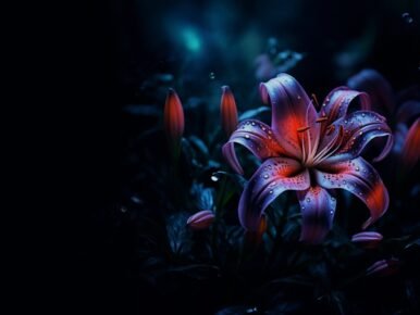 Close-up of a vibrant purple lily with raindrops on its petals in a dark, moody garden backdrop, spotlighting the flower's curves and color.