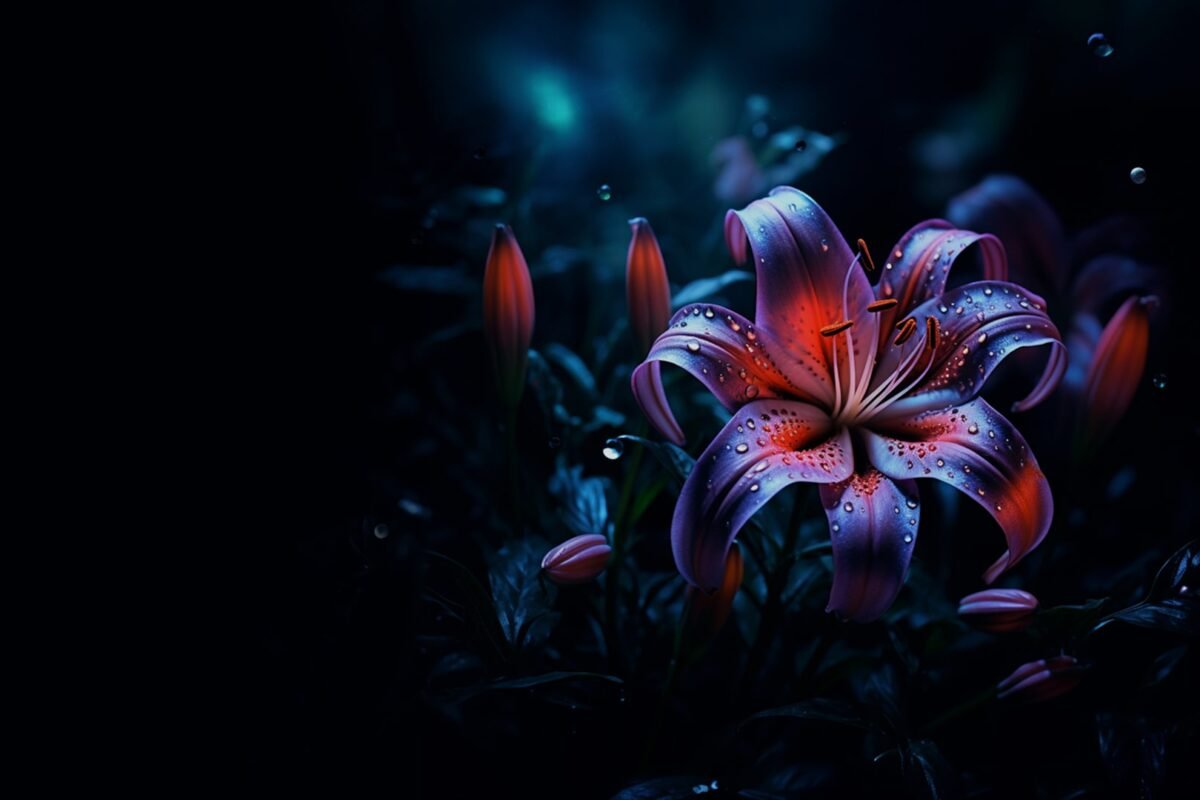 Close-up of a vibrant purple lily with raindrops on its petals in a dark, moody garden backdrop, spotlighting the flower's curves and color.