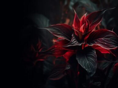 Close-up of burgundy-red tropical plant leaves against a dark background, highlighting dramatic coloration.