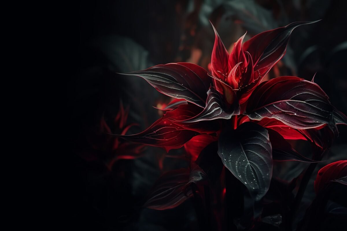 Close-up of burgundy-red tropical plant leaves against a dark background, highlighting dramatic coloration.