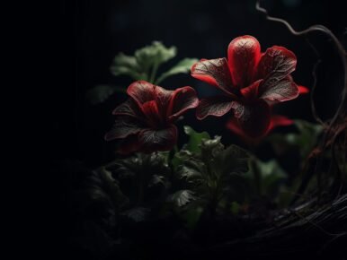 Two red flowers with frosted edges in a dark, moody garden setting.