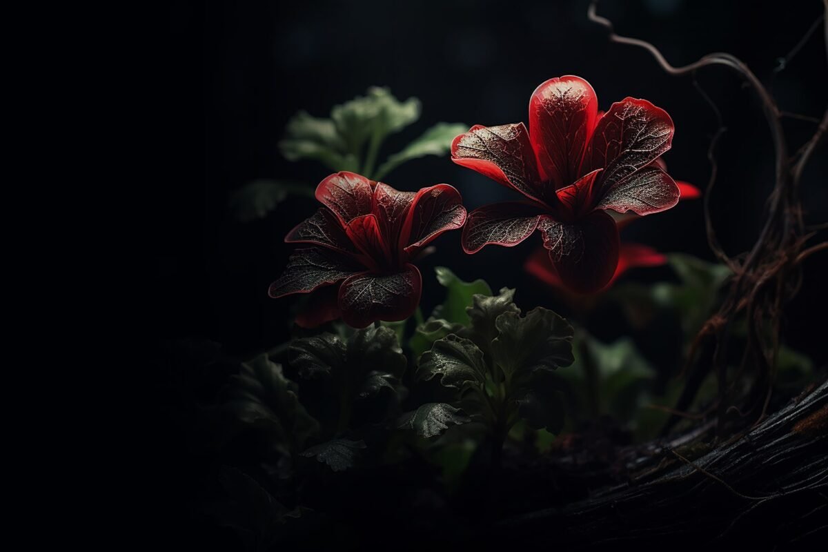 Two red flowers with frosted edges in a dark, moody garden setting.