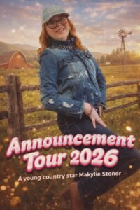 Poster of a young country singer Makylie Stoner posing in a denim jacket in a rural field with a windmill; headline reads 'Announcement Tour 2026'
